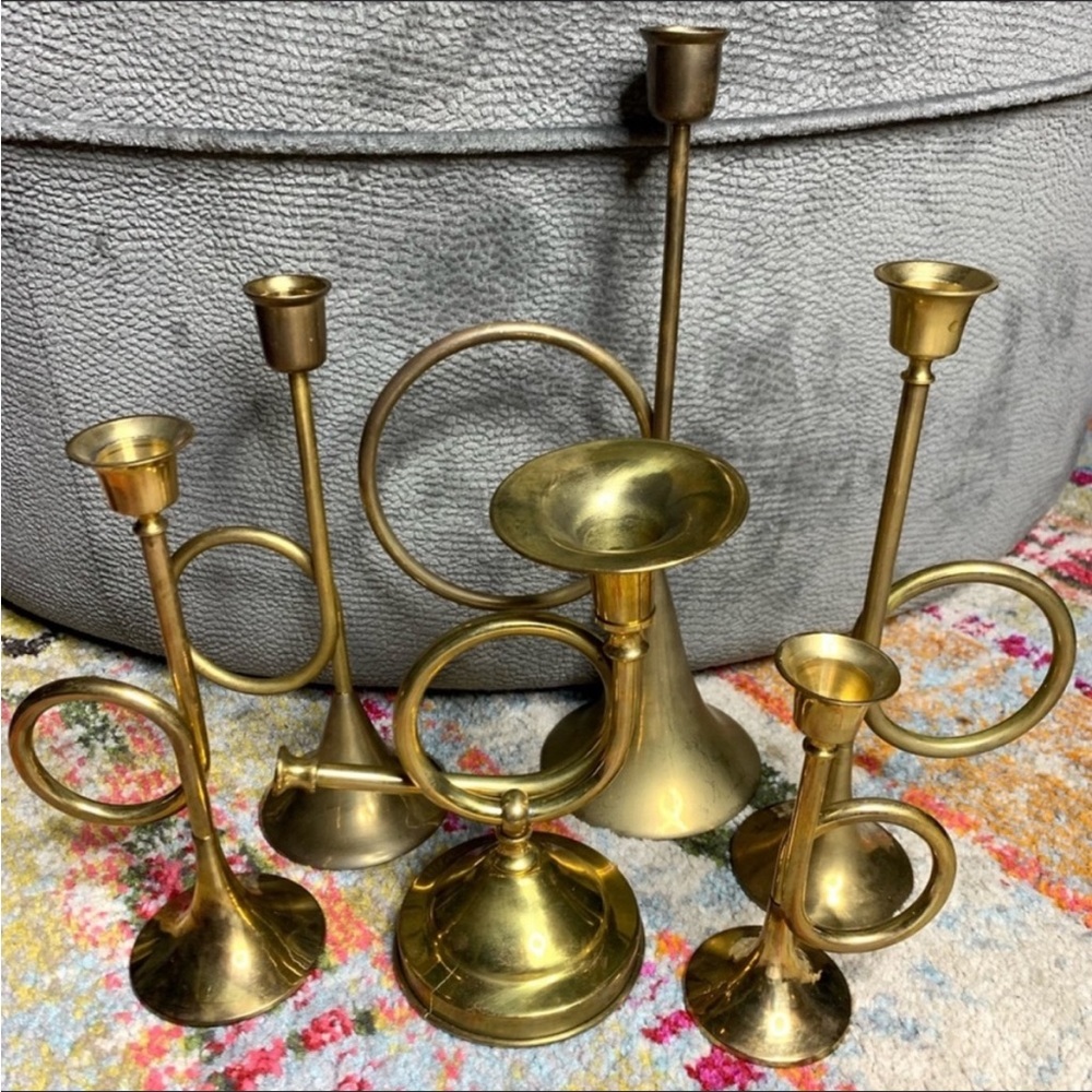 Brass Set/6 Candlesticks Horns Vintage Distressed